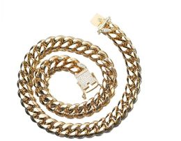 12mm men's hip-hop rock 18K gold Plated Cuban chain buckle white Lad diamond titanium steel necklace bracelet