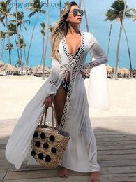 Women's Swimwear 2022 Crochet White Knitted Beach Cover up dress Tunic Long Pareos Bikinis Cover ups Swim Cover up Robe Plage Beachwear T230505