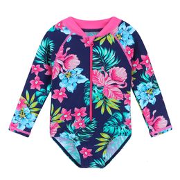 Baohulu Navy Floral Baby ملابس السباحة طويلة الأكمام upf50 فتيات ملابس السباحة الأطفال ملابس السباحة ملابس السباحة لباس بيتش 230504