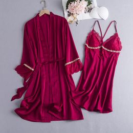 Women's Sleepwear Sexy Lace Robe Gown Set Womens Nightgown Sleep Suit Summer Kimono Nighty Bathrobe Nightdress Silky Satin Home Wear