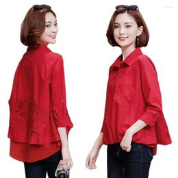 Women's Blouses Cotton Heavy Industry Embroidered Red Shirt Women 2023 Spring All-Match Nine-Sleeved Stitching Female Blouser White Top