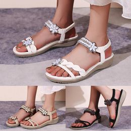 Summer Flower Hollow Sandals Rhinestone Ladies 558 Fashion Ethnic Style Bohemian Comfortable Flat Bottom Large Size Women Wedge 378