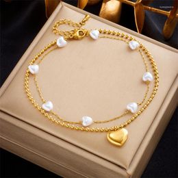 Anklets 2023 Stainless Steel Pearl Heart Pendant Anklet For Women Girl Trend Multi-layer Bead Chain Non-fading Jewellery Gift Birthday