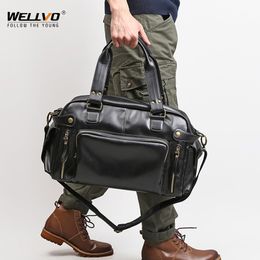 Briefcases Men's Soft Leather Briefcase For Laptop Tote Bags Business Shoulder Messenger Handbag Leisure Large Travel Bags Black XA158C 230504