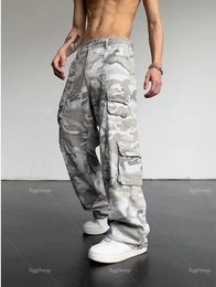 Men's Jeans American Cargo pants mens grey camouflage jeans for men and women overalls Hiphop wide leg trend straight casual baggy clothes 230504