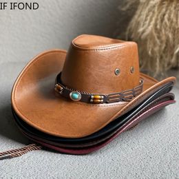 Wide Brim Hats Bucket Faux Leather Western Cowboy For Women Men Vintage Gentleman Dress Panama Cowgirl Jazz Cap Sombrero Hombre 230504