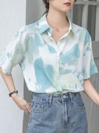 Women's Blouses Korejepo Mint Green Printed Shirt Women's Summer French Short Sleeved Loose Fitting Tops Retro Westernized Age Reducing