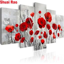 Stitch 5 piece set 5d diy diamond painting red rose flower picture full square round diamond mosaic embroidery blaze Poppies