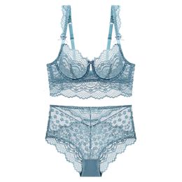 Bras Sets New Sexy Hollow Out Lace Ultra Thin Transparent Bra with Stones High Waist Panties Set Underwear Women Lingerie B C D Cup 230505