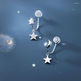 Dangle Earrings Asymmetry Authentic Real 925 Sterling Silver Fine Jewellery Blue Crystal Moon Star C-G7002