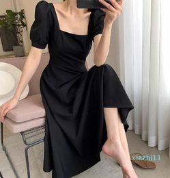 Fashion-Casual Dresses Retro Elegant French Black Party A-line Maxi Dress For Women Square Collar Short Sleeve Summer 2023 Vestidos