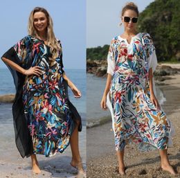 Women's Swimwear Loose Bohemian Print V-neck Bikini Cover-ups Summer Dress Beach Tunic Bobe De Plage Pareo Bathing Suit Saida PraiaWomen's