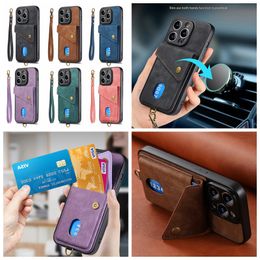 Card Pocket Cases For Samsung S23 Ultra S22 Plus S21 FE A14 A54 A34 A33 5G A04E Retro Leather Car Bracket Holder Magnetic Stand Hard Plastic TPU Phone Cover With Strap