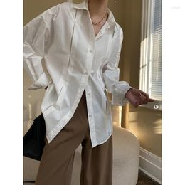 Women's Blouses 2023 Spring Cotton Pressed Pleated Shirts Womens Casual Button Down Long Sleeve Loose Fit Plain Work Blouse Tops