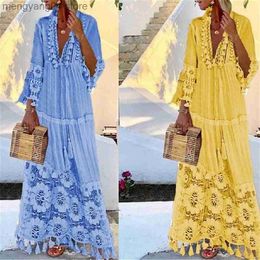 Women's Swimwear Woman Beach Cover Up Dress Boho Tunic Beachwear 2021 Summer Ladies Lace Tassel Stitching Bathing Suit Women's Swimsuit Cover-Ups T230505