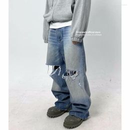 Jeans da uomo Firmranch 2023 Blu Baggy per uomo Donna Big Hole Strappato Lavare Pantaloni in denim svasato Streetwear Pantaloni versione oversize