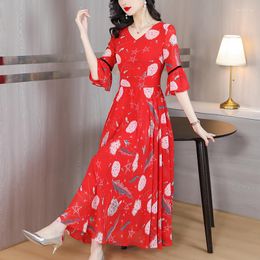 Casual Dresses 2023 Summer Collection Waist Temperament Large Swing Chiffon Skirt Seaside Beach Holiday Dress