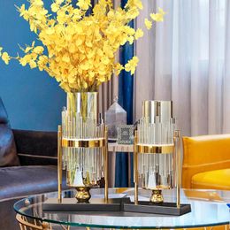 Vases Metal Transparent Glass Modern Design Luxury Crystal Plant Pot Dried Flowers Living Room Jarrones Table Decoration