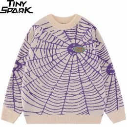 Men's Polos 2023 Men Streetwear Sweater Hipster Spider Web Graphic Hip Hop Knitted Casual Loose Pullover Black Purple 230428