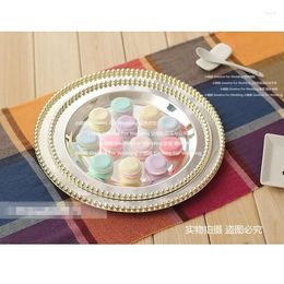 Plates 25cm/30cm Wedding Decoration Steel Trays With Beaded Decorative Silver Cake Display Pan Metal Serving Tray