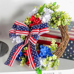 Decorative Flowers Patriotic Wreaths Multicolor 40cm Plastic Eye-Catching Bow Knot Rattan Ring Door Pendant Independence Day Wreath Home