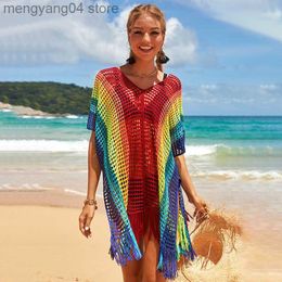 Women's Swimwear Knitted Rainbow Crochet Dress Knit Beach Cover Up Short Sleeve Tassel Tunic Women Fashion 2022 New Beachwear Swimsuits 16 Colors T230505