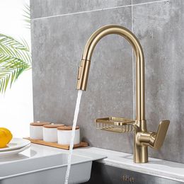 Kitchen Faucets Brass Faucet Brushed Gold Pull Out With Two Functions Spray Cold Water