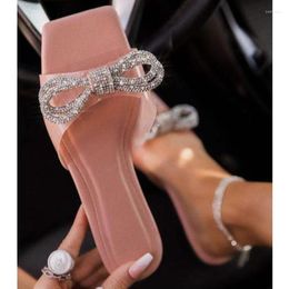 Slippers Women's Summer Shoes 2023 Woman Rhinestone Strip Flat Slides Bling Party Pink Holiday Outside Beach Sandals