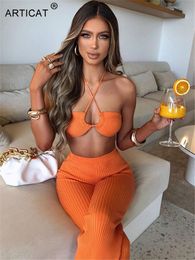 Women s Tracksuits Articat Casual Backless Two Pieces Set Sexy Halter Hollow Out Top Long Flare Pant Suit Party Outfits Strapless Tracksuit 230505