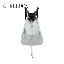 School Bags CTRLLOCK Techwear Normcore Grey Nylon Lightweight Large Capacity Mesh Backpack Women Drawstring Strap Pocket Schoolbag 230504