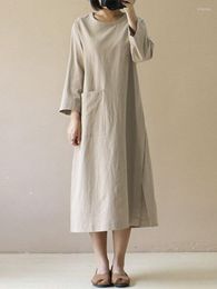Casual Dresses Summer Autumn Cotton And Linen Ladies Dress Mid-length Literary Retro Long-sleeved Long Skirt Loose Pocket Simple