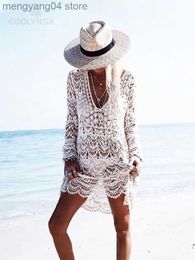 Women's Swimwear Crochet Summer Beach Dress Cover Up Sexy Hollow Out Mesh Knitted Tunic Swimsuit Cover-ups Womens Beach Sarong Robe De Plage A33 T230505