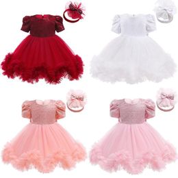 Girl Dresses Children Bow Sequins Dress Birthday Party For Baby Girls Infant Costume Princess Clothing Headband Tutu