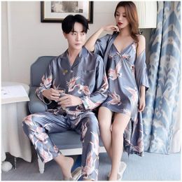 Men's Sleepwear Ice Silk Nighties Men Pajamas 2pcs Fashion Leisure Homewear Set Casual Print Couples Sleeping Shirts Pyjamas