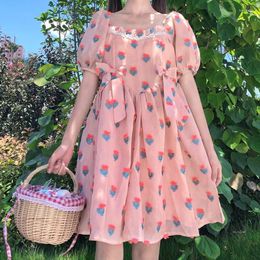 Casual Dresses Summer Kawaii Sweet Fairy Elegant Square Collar Cute Puff Sleeve Sweety Girl Bow Strawberry Dress Pink White Y2k