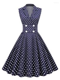 Casual Dresses 2023 Notched Collar Button High Waist Polka Dot Women Vintage Long Dress Elegant Clothes 50s Pinup Robe A-Line