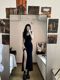 Casual Dresses Black Sleeveless Long Dress Women Korean Fashion Style Side Slit Irregular Mid Calf Sexy Sheath Solid Elegant Chic Summer