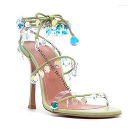 Sandals Green Crystal Pendants Bead-Detail Woman Summer 2023 Tie-Fastening Ankle Strap Open Toe High Tapered Heel Pumps Fashion