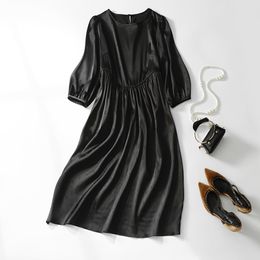 2023 Summer Black Boat Anchor Print Panelled Silk Dress 3/4 Sleeve Round Neck Midi Casual Dresses C3A250117