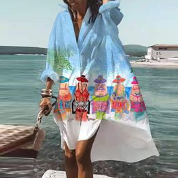 Casual Dresses Plus Size Beach Shirt Dress Women Print V-neck Long Sleeve Loose Dress Bohemian Beach Party Vestidos Robe Sundress 230505