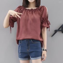 Women's Blouses Autumn Summer Half Sleeve Hollow Out Blouse Women Ruffle Chiffon Cold Shoulder Drawstring Female Loose Casual Shirt