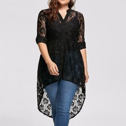 Women's Plus Size TShirt Elegant Lace Top Ladies Blouse Long Sleeve Shirt Perspective Button Up Female Large Tops Clothing 230504