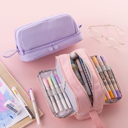 Pencil Bags Simple Solid Colour Large Capacity Pencil Case Multi Layer Pen Case Canvas Multi Pocket Bag Students School Stationery Supplies 230505