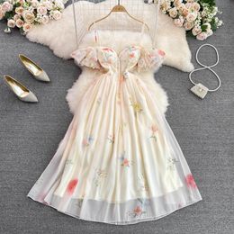 Casual Dresses Elegant Floral Off The Shoulder Suspender Dress Women Puff Sleeves Backless Beach Long Dress Summer Robe Holiday Ladies Vestidos 230505