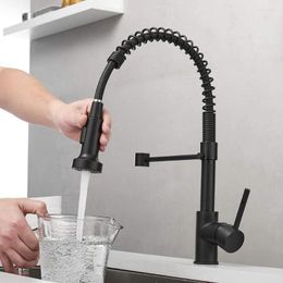 Kitchen Faucets Commercial Solid Brass Single Handle Lever Pull Down Sprayer Spring Sink Faucet Matte Black
