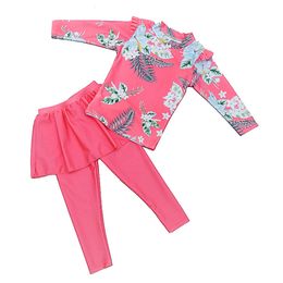 Two-Pieces Girl Two Pieces Suit 2-11 Year Children Long Sleeve Skirt Swimsuit Kid Cute Flower Print Swimwear Bathing Suit 230504