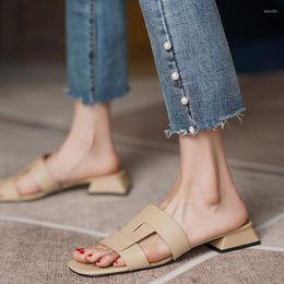 Slippers Leather Women Shoes Casual Summer Slides Comfortable Versatile Thick Heel Leisure Sandals Handmade Size 34-43