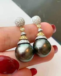 Dangle Earrings M1127 Solid S925 Sterling Silver Round 11-12mm Fresh Water Black Pearls Drop For Women Fine Presents