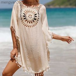 Women's Swimwear Elegant Tassel Splicing Beach Dress Female Summer Casual Vacation Solid Colour Hollow Out Cover-ups Women Sun Protection Clothing T230505