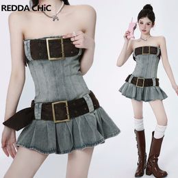 Casual Dresses REDDACHiC Vintage Y2K 2000s Corset Dress with Belt Removable Mini Short Jean Denim Pleated tie Summer Women Bodycon 230504